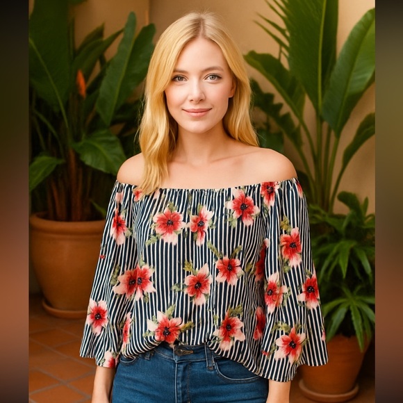 Monteau Women’s Size 3X Off Shoulder Floral Stripe Blouse Black White Red Plus - Picture 1 of 11